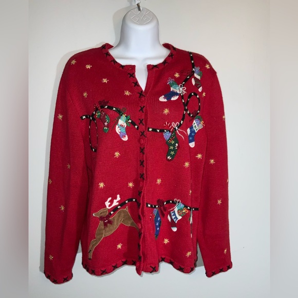 Festive Red Button Down Christmas Sweater Sz Petite Large - Picture 3 of 6
